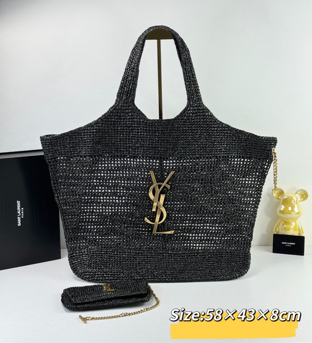 YSL Black Raffia Copy Large Tote Bag