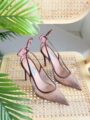 Aquazzura Brown Heels with Crystal Embellished Mesh Pointed Toe Slim Stiletto Heel and Satin Bow Slingback Design