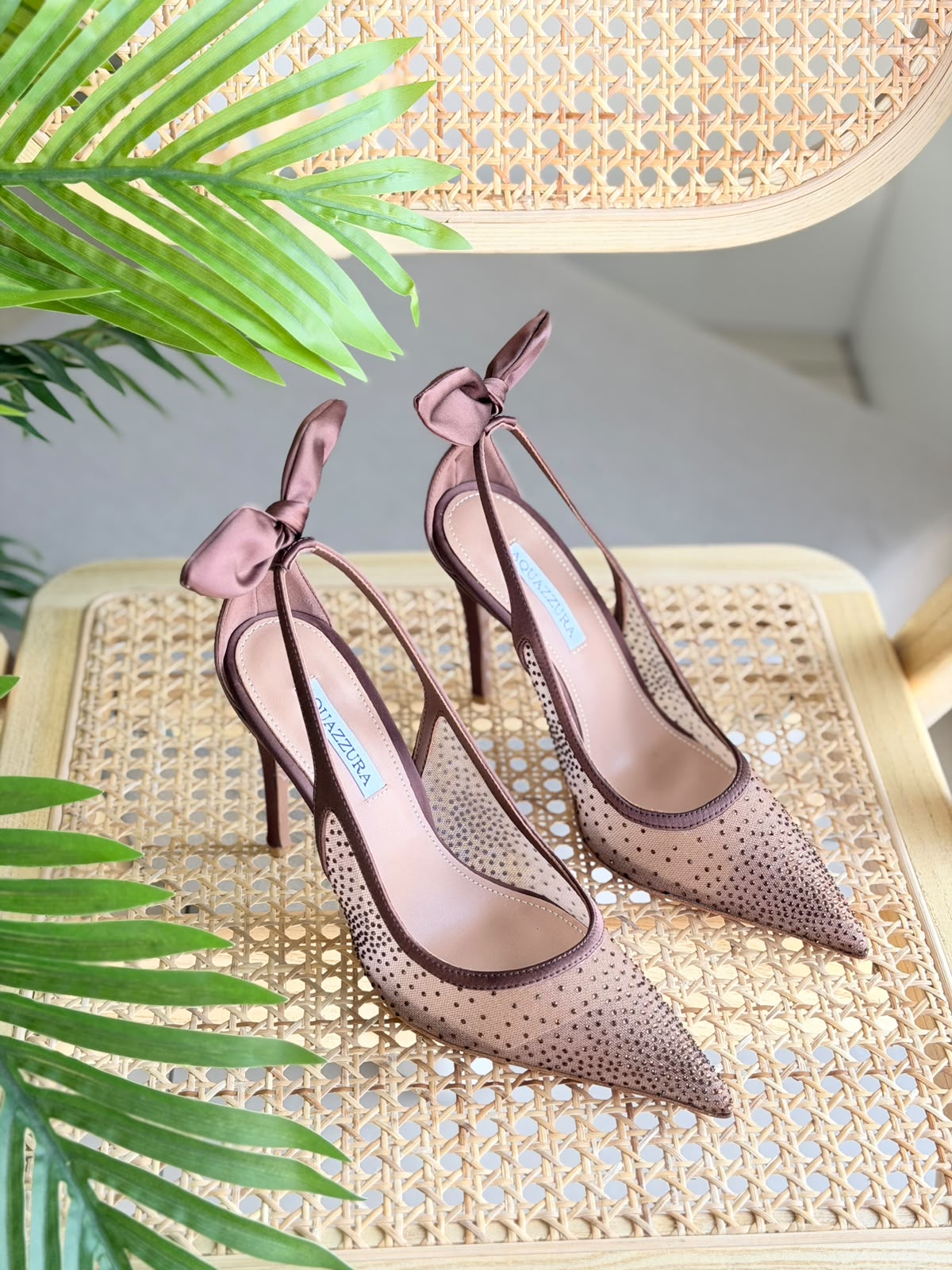 Aquazzura Brown Crystal Mesh Bow Heels