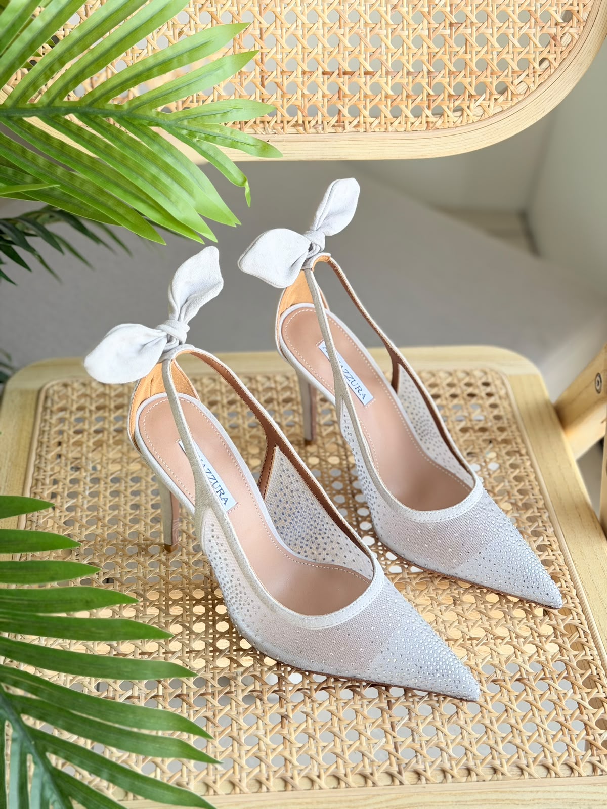 Aquazzura White Crystal Mesh Bow Heels