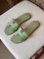 Hermes Oran Green Sandals with Sage Green H Strap and Flat Sole