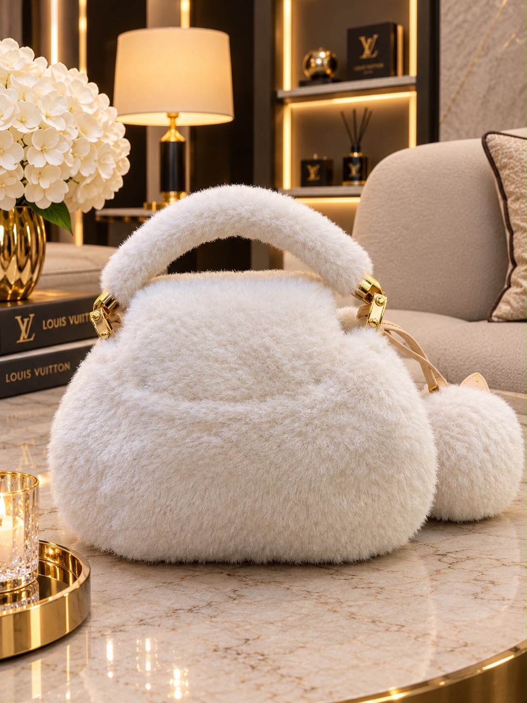 LV White Fur Handbag with fluffy white exterior, gold tone LV logo, matching fur handle and decorative accessories