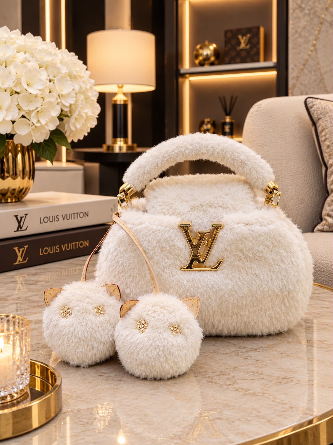 LV White Fur Handbag